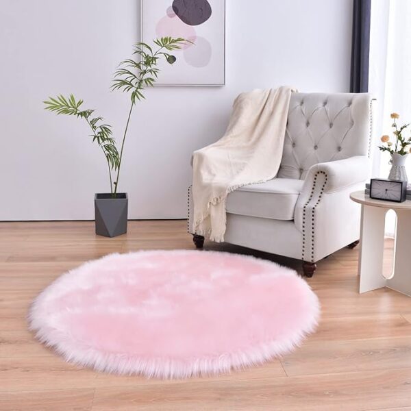 30% OFF LIMITID TIME DEAL duduta Pink Round Faux Sheepskin Fur Rug 4x4 ft